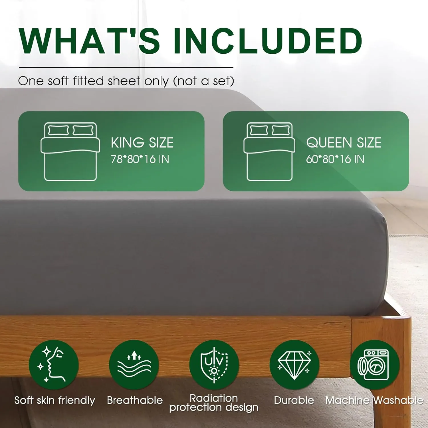 Ivellow Grounding Sheets Queen 10% Pure Silver Fiber 90% Organic Cotton Fitted Sheet Queen Size 16” Deep Pocket Soft Grounded Sheets Earth Connected Bedding Fitted Earth Sheet with Grounding Cord Grey