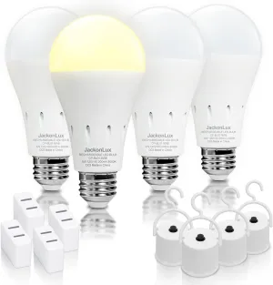 JackonLux Rechargeable Emergency Light Bulb UL Listed Battery Operated Light Bulb Power Outage Camping Reading Lighting Hurricane 9W 850 Lumens Soft White 3000K E26 120 Volt 4-Pack
