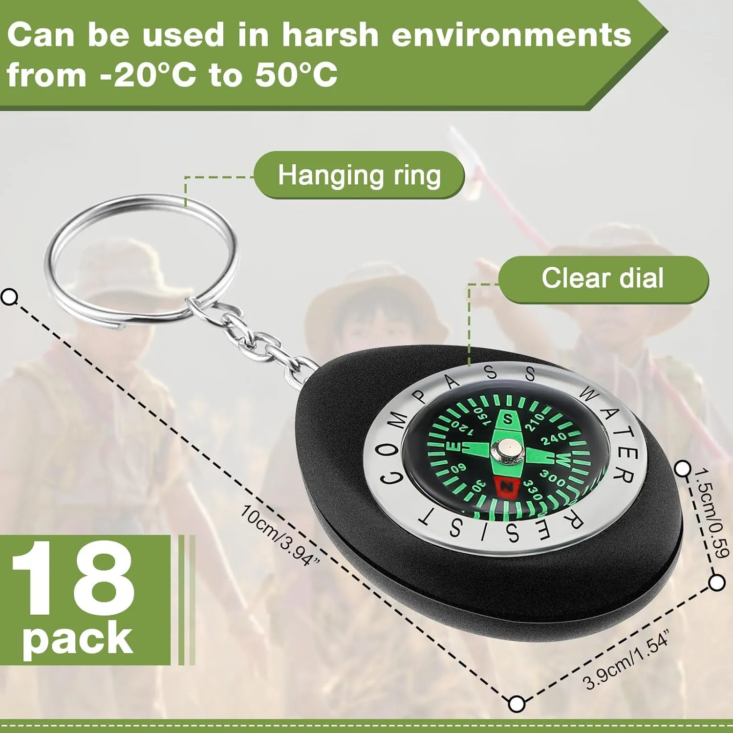 Janinka 18 Pcs Small Keychain Compass for Kids Mini Pocket Survival Compass Bulk for Outdoor Hiking Camping Hunting Climbing