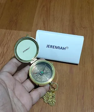 JEREMIAH Vintage Brass Handmade Engraved Compass with Leather Case- Sundial Navigation Pocket Compass, Magnetic Antiquated Finish Compass