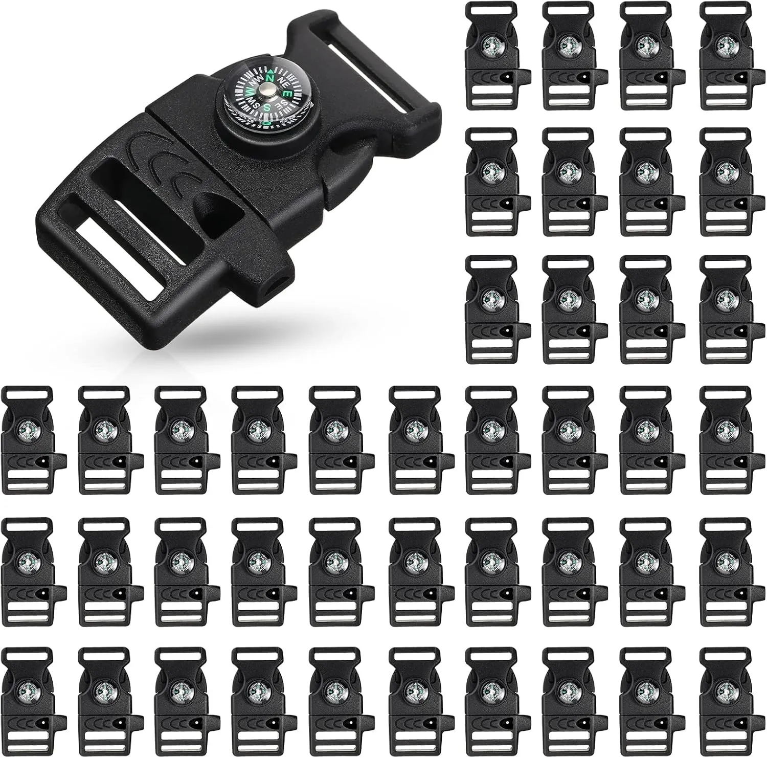 Jexine 50 Pcs Compass Buckle Clips Plastic Paracord Buckles Bracelets Accessories for Camping Travel Emergency Survival
