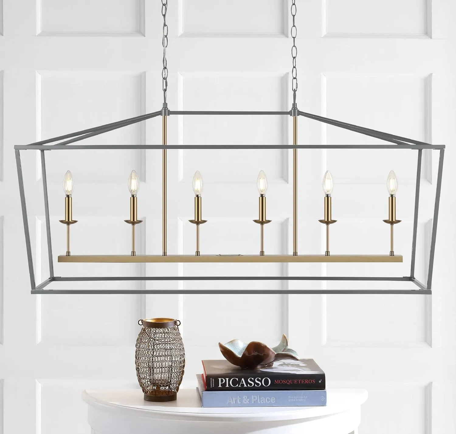 JONATHAN Y JYL7439F Pagoda 49" 6 Light Linear Classic Traditional Metal LED Pendant Farmhouse Dining Room Living Room Kitchen Foyer Bedroom Hallway, 49 in, Gray/Brass Gold