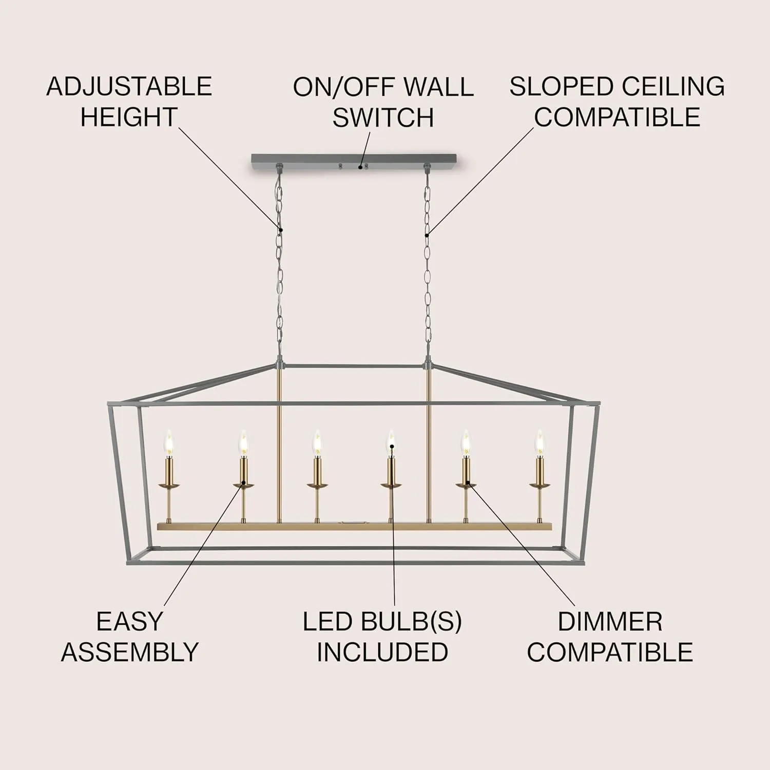 JONATHAN Y JYL7439F Pagoda 49" 6 Light Linear Classic Traditional Metal LED Pendant Farmhouse Dining Room Living Room Kitchen Foyer Bedroom Hallway, 49 in, Gray/Brass Gold