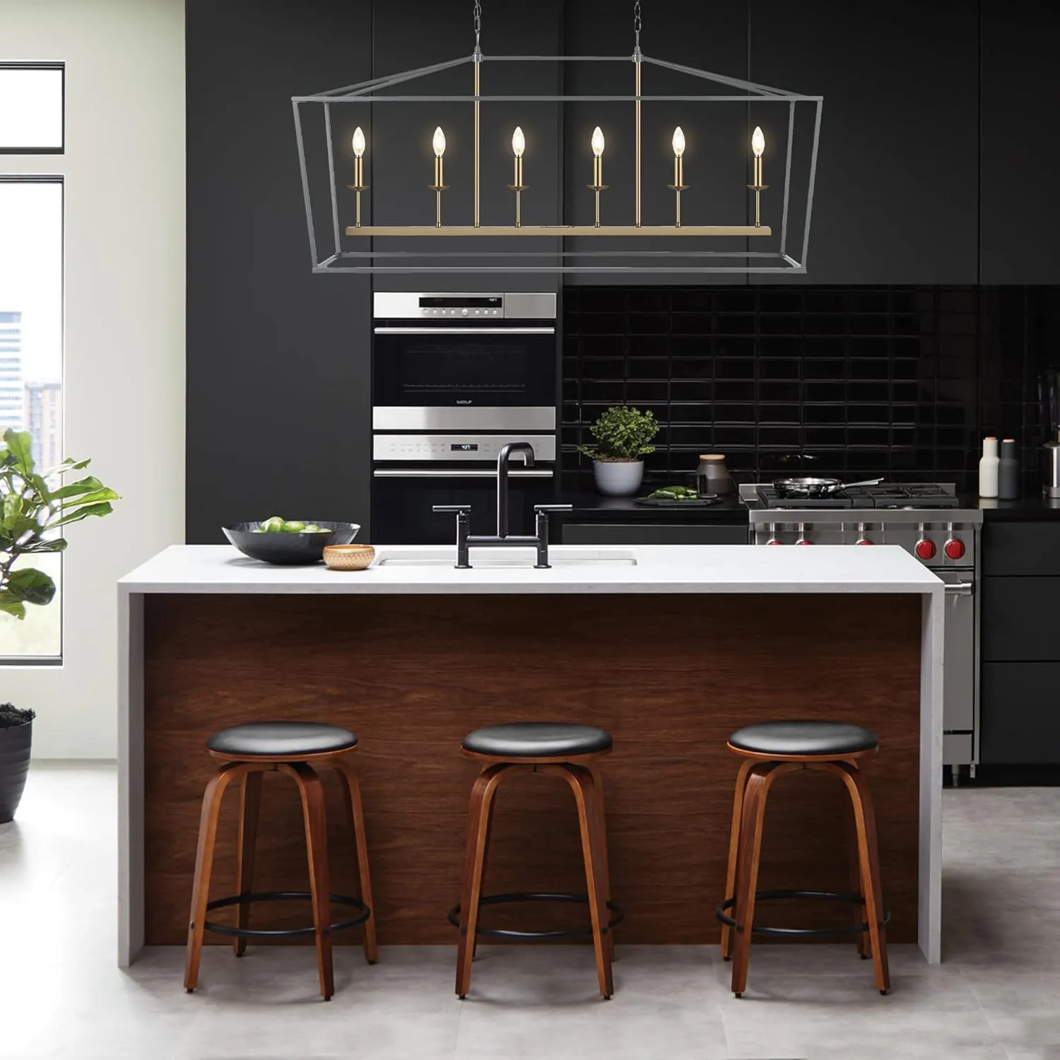 JONATHAN Y JYL7439F Pagoda 49" 6 Light Linear Classic Traditional Metal LED Pendant Farmhouse Dining Room Living Room Kitchen Foyer Bedroom Hallway, 49 in, Gray/Brass Gold