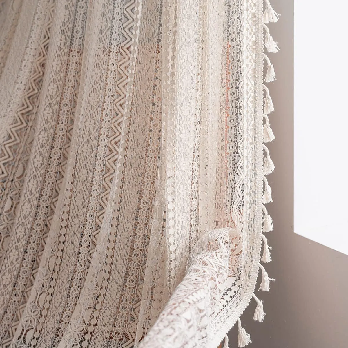 JOOJA 84 inch Length 2 Panels Set Rod Pocket Farmhouse Beige Crochet Semi Sheer Lace Boho Curtains, Vintage Cotton Tassel Window Treatment for Bedroom Living Room 59x84