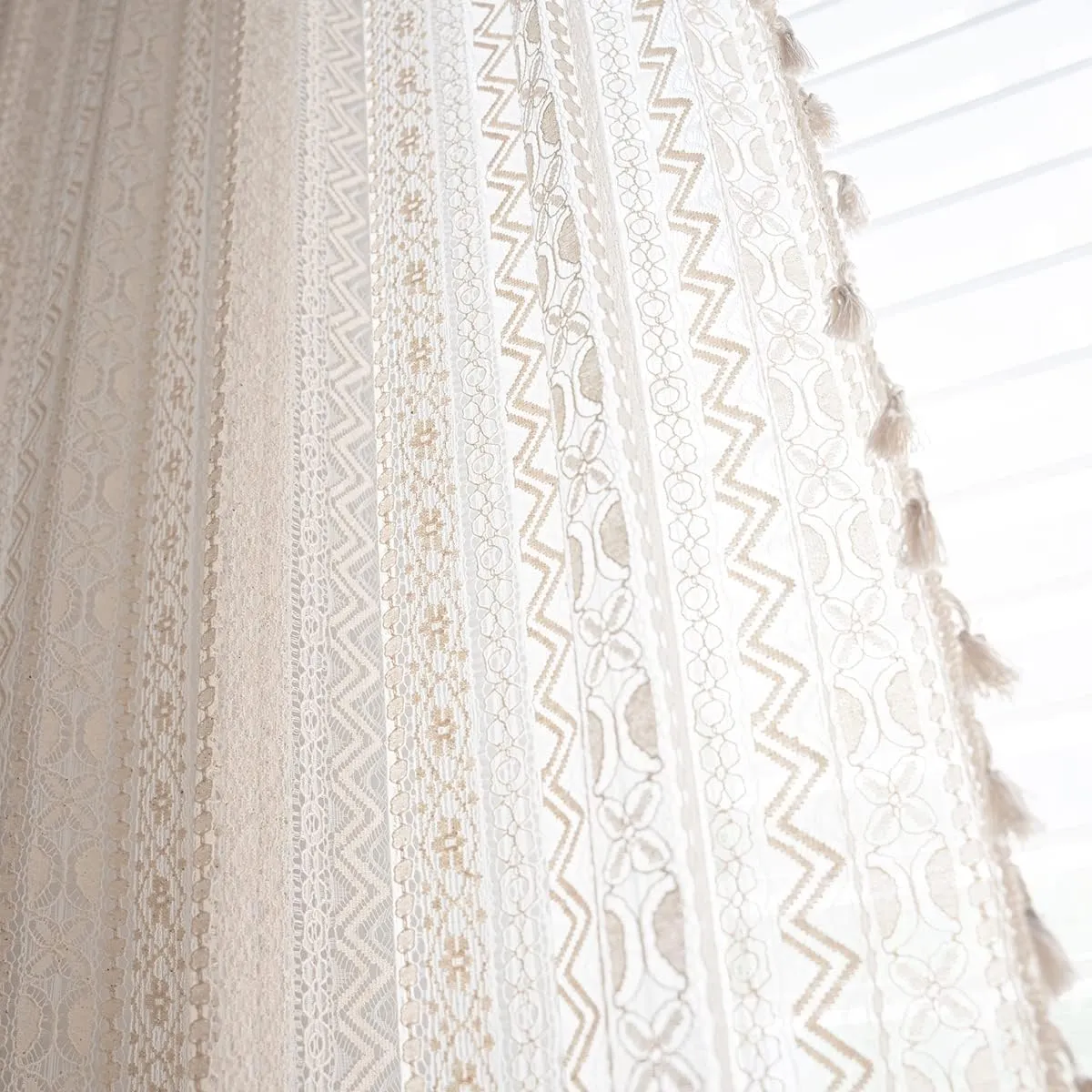 JOOJA 84 inch Length 2 Panels Set Rod Pocket Farmhouse Beige Crochet Semi Sheer Lace Boho Curtains, Vintage Cotton Tassel Window Treatment for Bedroom Living Room 59x84