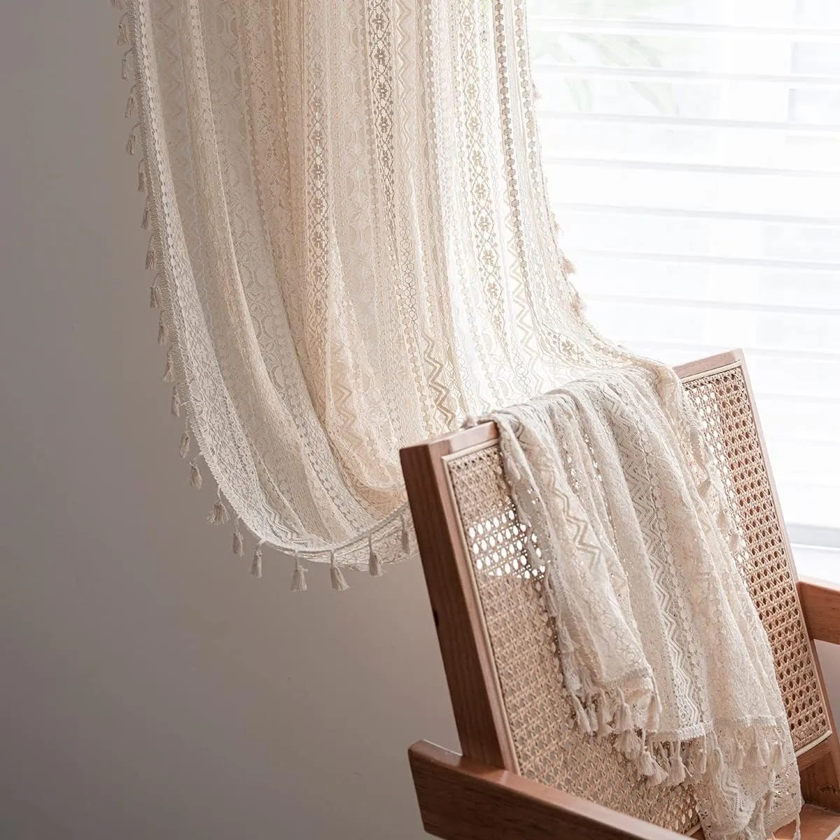 JOOJA 84 inch Length 2 Panels Set Rod Pocket Farmhouse Beige Crochet Semi Sheer Lace Boho Curtains, Vintage Cotton Tassel Window Treatment for Bedroom Living Room 59x84