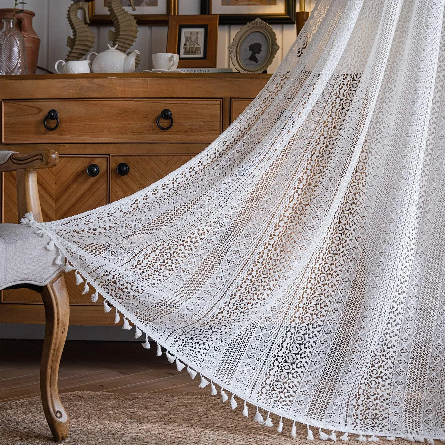 JOOJA Boho Curtains Crochet Semi Sheer Lace Curtains 84 inch Length 2 Panels Set, Rod Pocket Farmhouse Vintage Cotton Tassel Window Treatment for Bedroom Living Room White 59x84