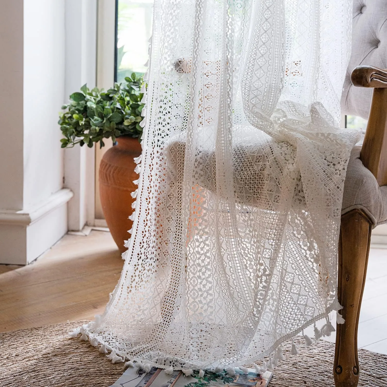 JOOJA Boho Curtains Crochet Semi Sheer Lace Curtains 84 inch Length 2 Panels Set, Rod Pocket Farmhouse Vintage Cotton Tassel Window Treatment for Bedroom Living Room White 59x84