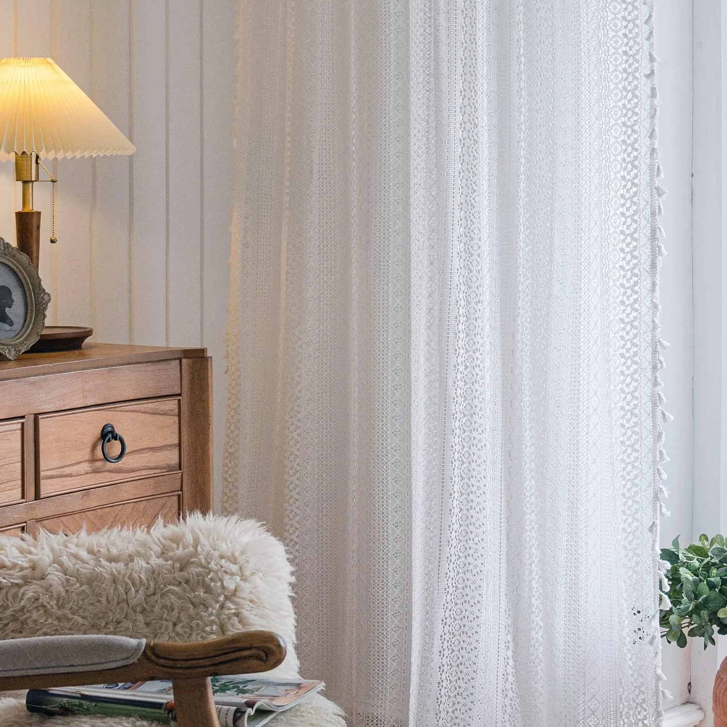 JOOJA Boho Curtains Crochet Semi Sheer Lace Curtains 84 inch Length 2 Panels Set, Rod Pocket Farmhouse Vintage Cotton Tassel Window Treatment for Bedroom Living Room White 59x84