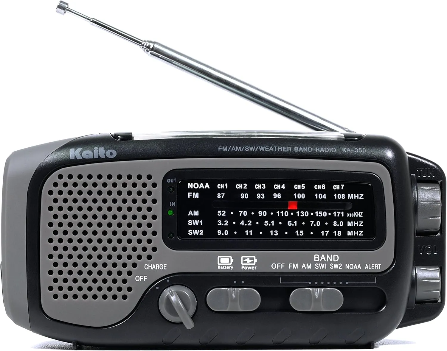 Kaito KA350GY Voyager Trek Solar/Crank AM/FM/SW NOAA Weather Radio with 5-LED Flashlight, Gray