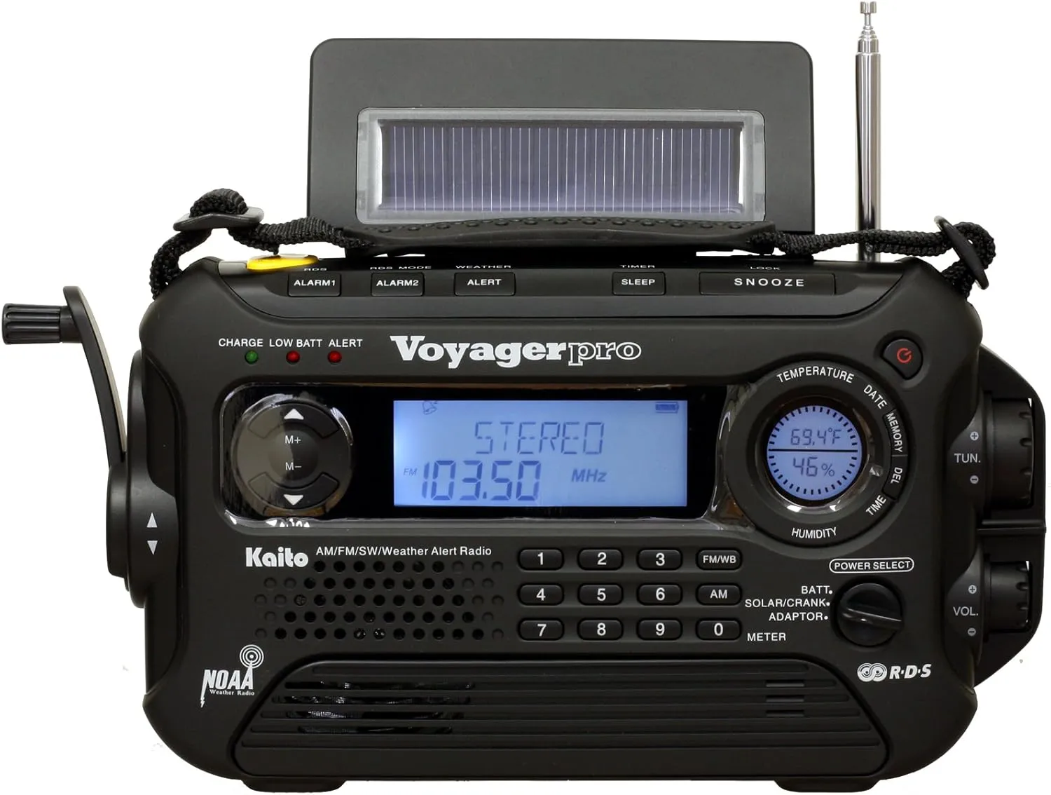 Kaito Voyager Pro KA600 Digital Solar Dynamo Crank Wind Up AM/FM/LW/SW & NOAA Weather Emergency Radio with Alert & RDS, Flashlight and Reading Lamp   Smart Phone Charger, Black