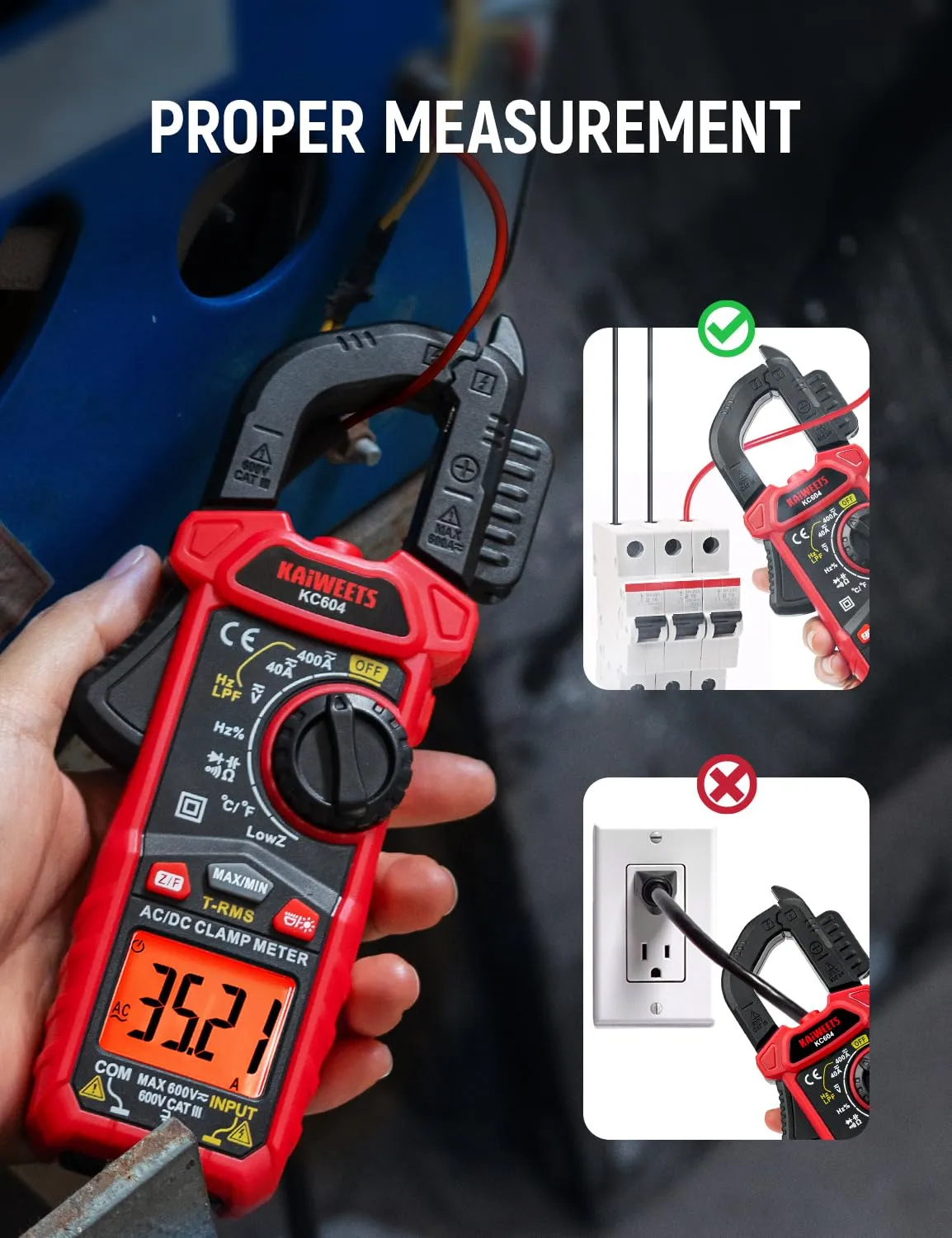 KAIWEETS Digital Clamp Meter Multimeter with D-Shaped Jaw for AC/DC Current & Voltage, Auto-ranging 4000 Counts Voltage Tester with Flashlight Backlight, Measuring Temperature Continuity Diode NCV