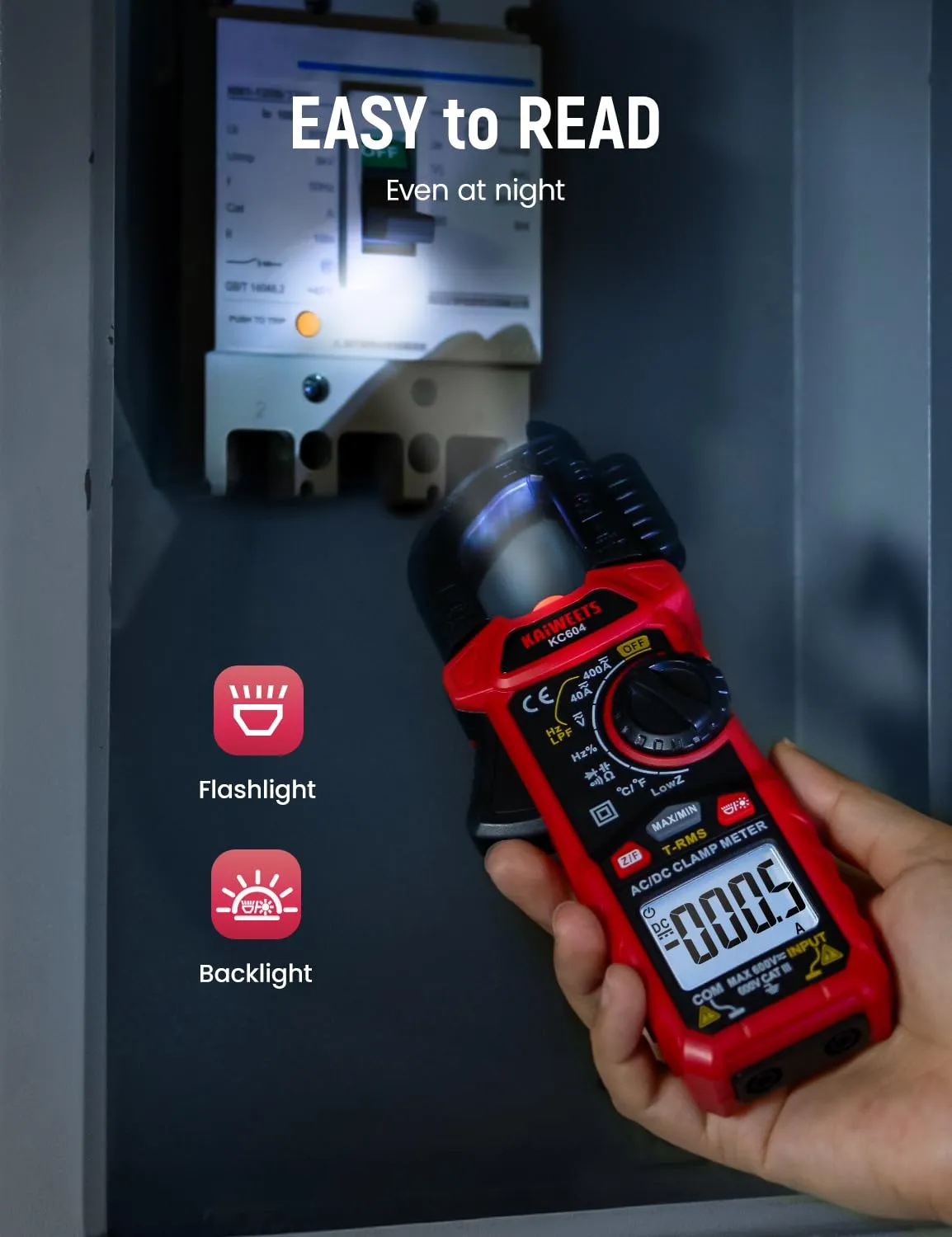 KAIWEETS Digital Clamp Meter Multimeter with D-Shaped Jaw for AC/DC Current & Voltage, Auto-ranging 4000 Counts Voltage Tester with Flashlight Backlight, Measuring Temperature Continuity Diode NCV