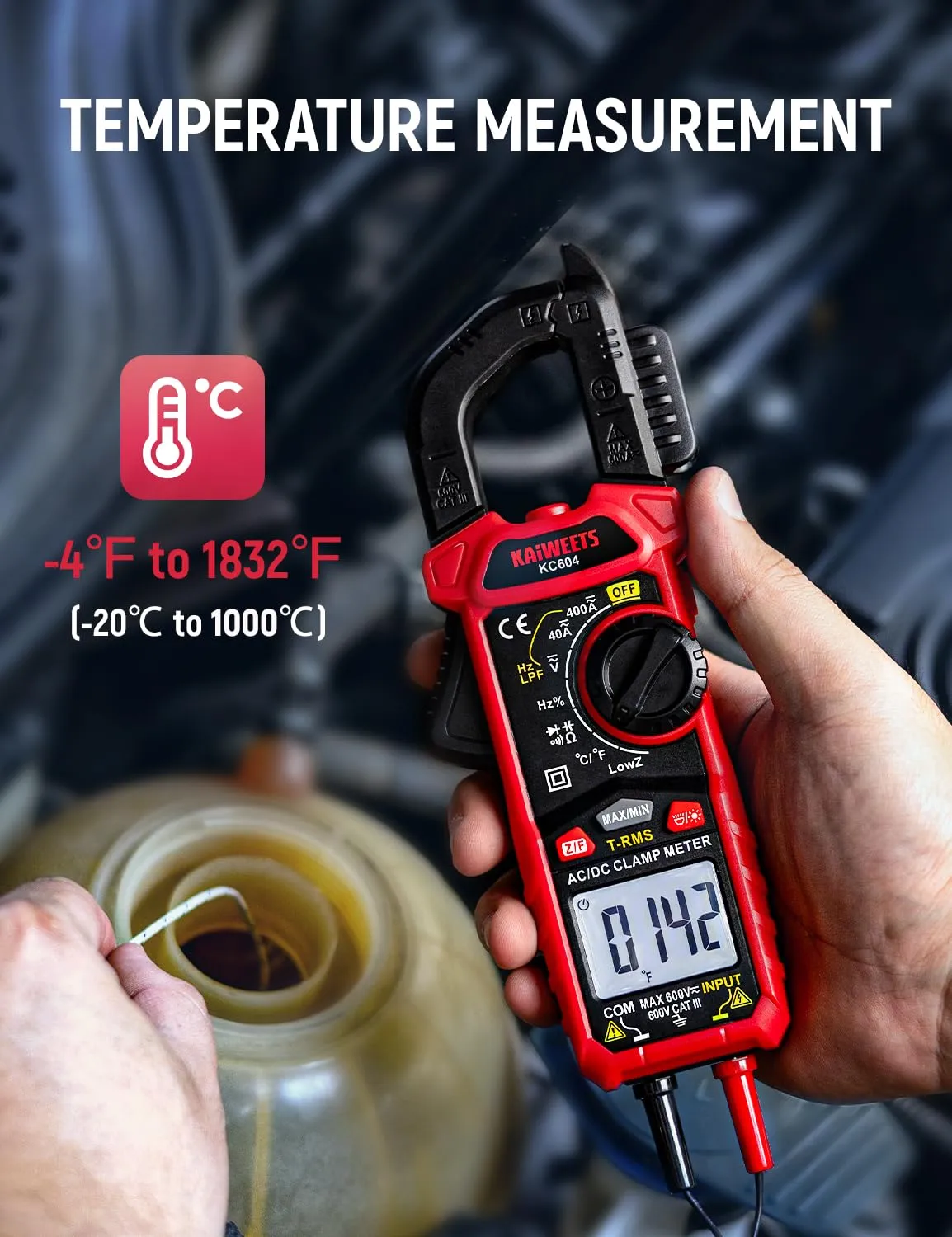 KAIWEETS Digital Clamp Meter Multimeter with D-Shaped Jaw for AC/DC Current & Voltage, Auto-ranging 4000 Counts Voltage Tester with Flashlight Backlight, Measuring Temperature Continuity Diode NCV