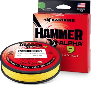 KastKing Hammer Alpha 9 UHMWPE Braided Fishing Line - Made in The USA, Strong and Smooth, Round, 9-Carrier, Colorfast Braided Fishing Line, Perfect for Most Fishing Reel and Finesse Applications