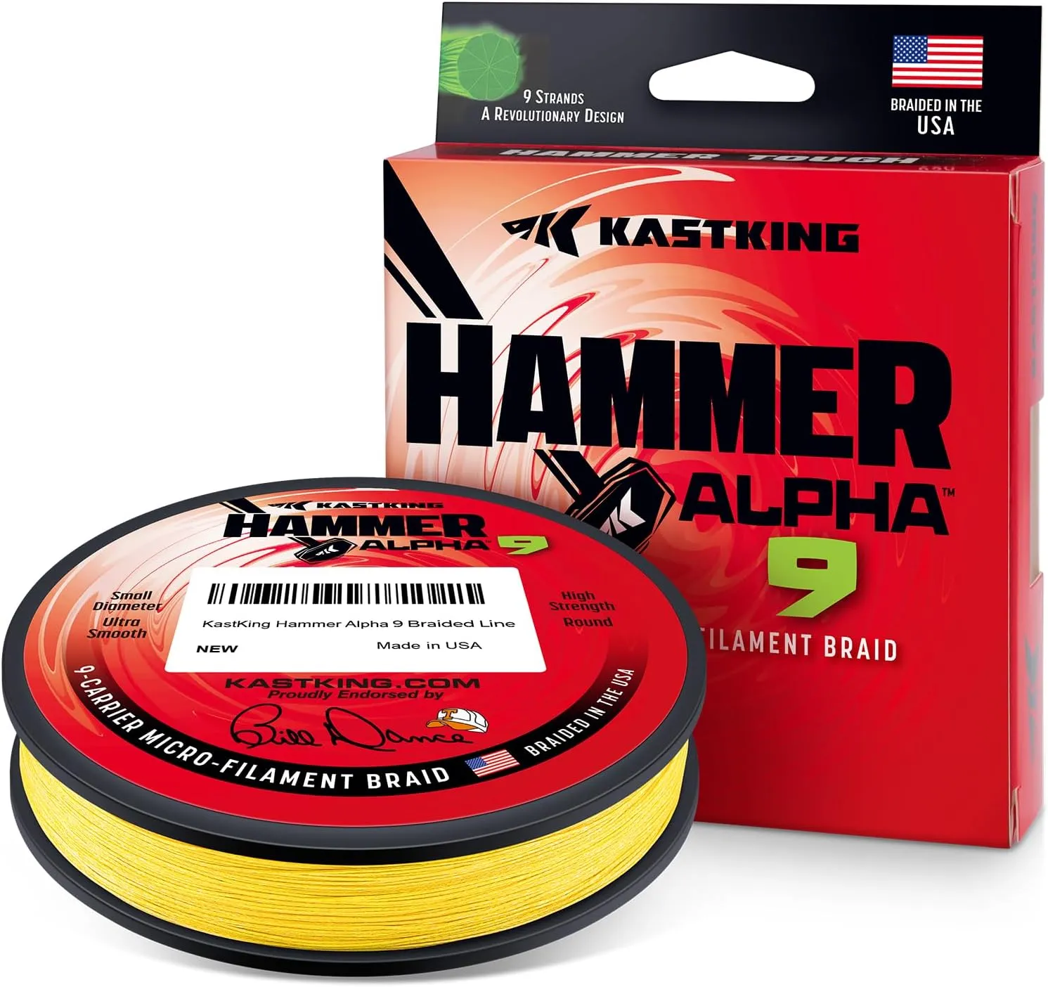 KastKing Hammer Alpha 9 UHMWPE Braided Fishing Line - Made in The USA, Strong and Smooth, Round, 9-Carrier, Colorfast Braided Fishing Line, Perfect for Most Fishing Reel and Finesse Applications