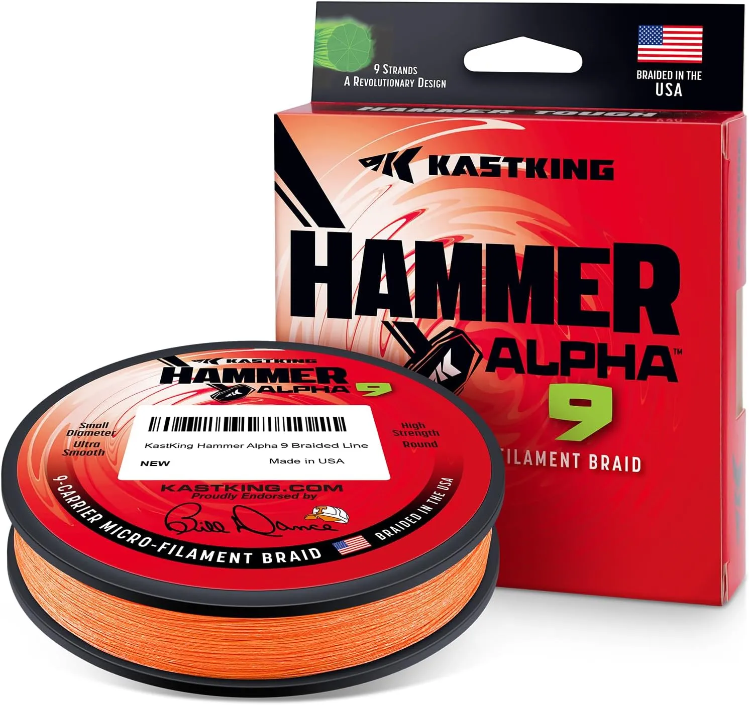 KastKing Hammer Alpha 9 UHMWPE Braided Fishing Line - Made in The USA, Strong and Smooth, Round, 9-Carrier, Colorfast Braided Fishing Line, Perfect for Most Fishing Reel and Finesse Applications