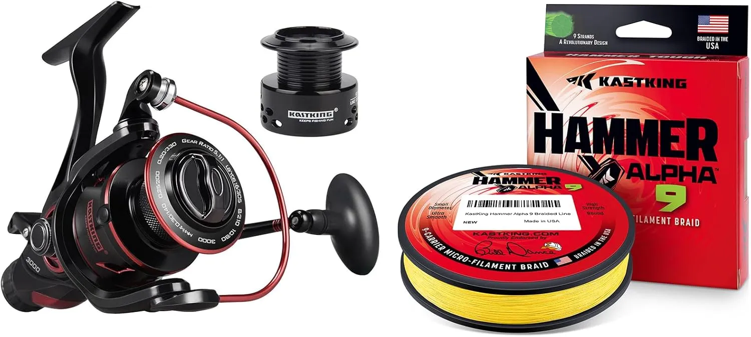 KastKing Sharky Baitfeeder III Spinning Fishing Reel,Size 5000, KastKing Hammer Alpha 9 Braided Fishing Line, Yellow, 20LB, 150Yds, 9 Strands