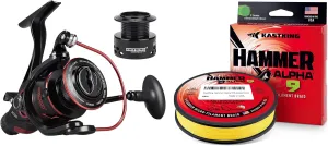 KastKing Sharky Baitfeeder III Spinning Fishing Reel,Size 5000, KastKing Hammer Alpha 9 Braided Fishing Line, Yellow, 20LB, 150Yds, 9 Strands
