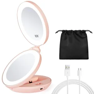 KEDSUM Upgraded Rechargeable Lighted Travel Makeup Mirror, 1X/10X Travel Magnifying Mirror with Light, Compact Makeup Mirror with LED Lighted, Double Sided Folding Mirror, Portable, Pink