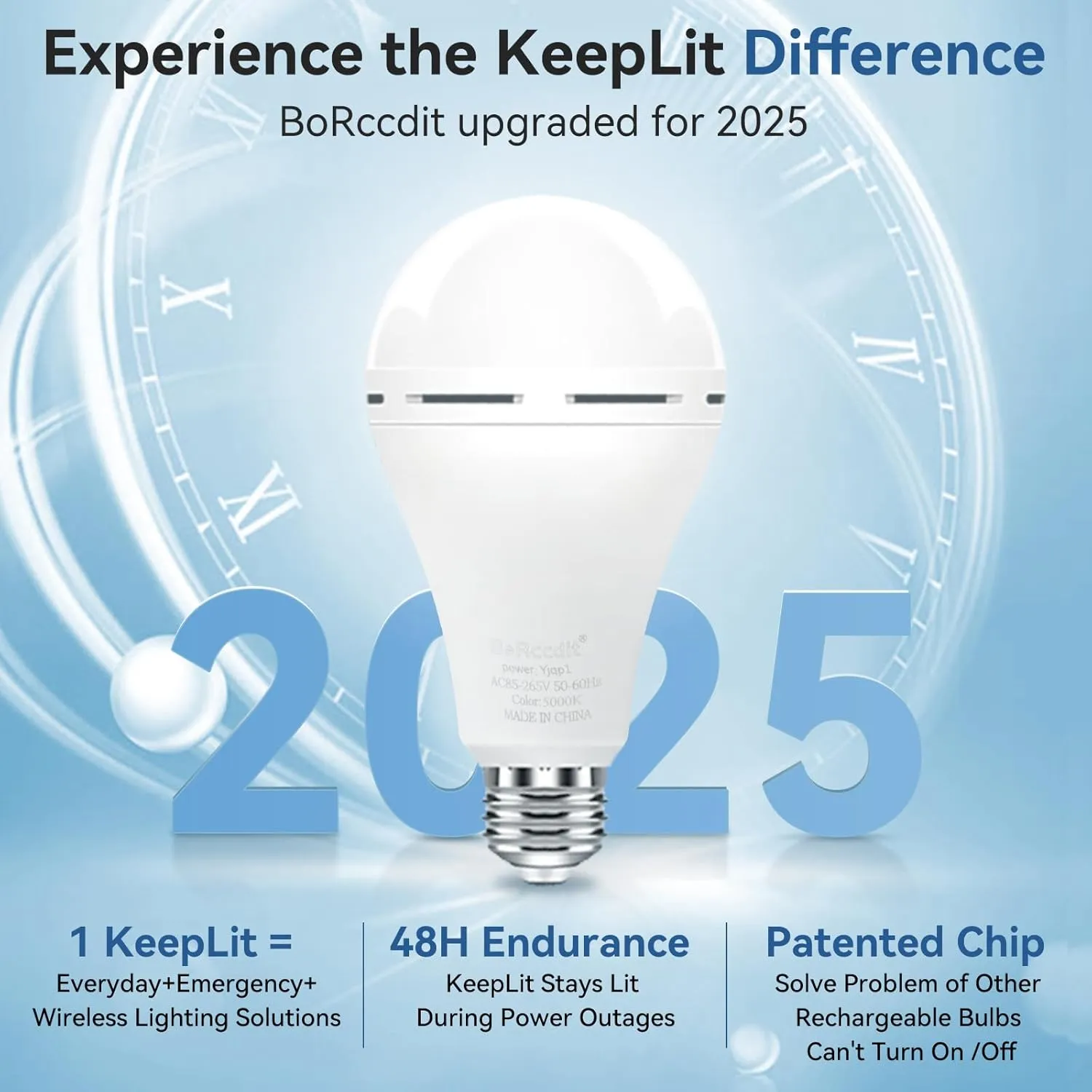 KeepLit 8PK A19 Emergency Rechargeable Light Bulbs, 48H Light Up & 3 Brightness Emergency Power Outage Light Bulbs,12W Battery Backup Emergency Lights for Power Failure, Hurricane (Daylight)