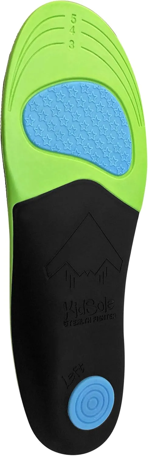 KidSole Stealth Fighter: High Arch Support Insole. Slim Profile, Strong Arch, Soft Memory Foam Top & Lightweight Design. Inward/Falling Ankle Correction ((24 cm US Kid's Size 3-6))