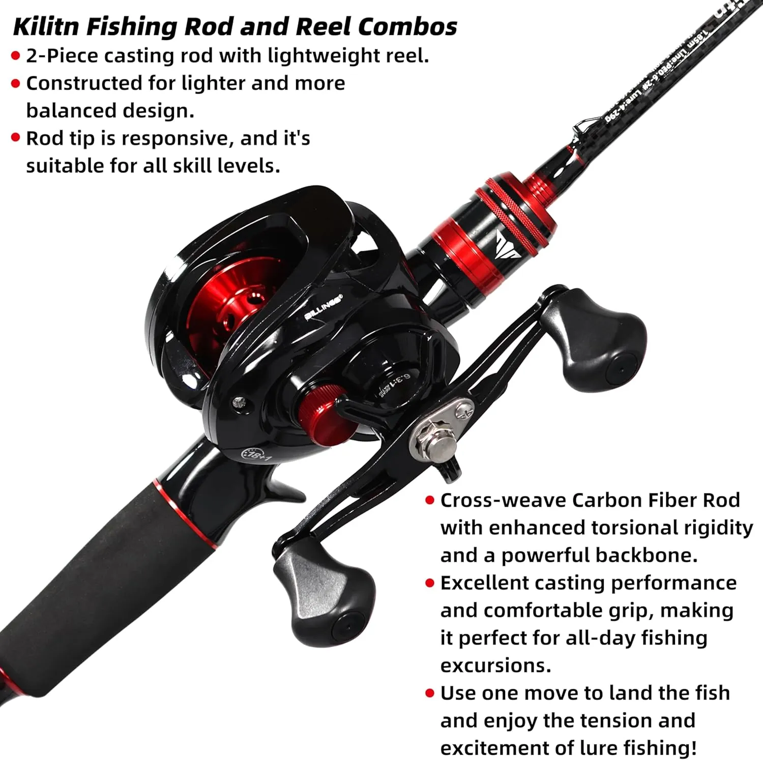 Kilitn Fishing Rod and Reel Combo, Baitcaster Rod 2-Piece & Reel, L/M/MH Power Replaceable Tips, Strong Carbon Fiber Rod with EVA Handle for Freshwater or Saltwater Fishing