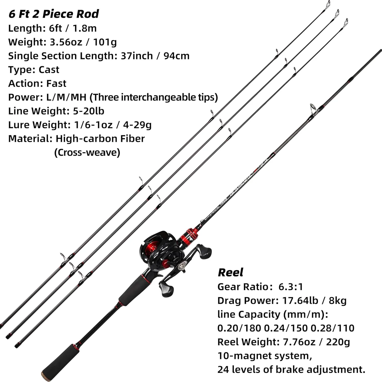 Kilitn Fishing Rod and Reel Combo, Baitcaster Rod 2-Piece & Reel, L/M/MH Power Replaceable Tips, Strong Carbon Fiber Rod with EVA Handle for Freshwater or Saltwater Fishing