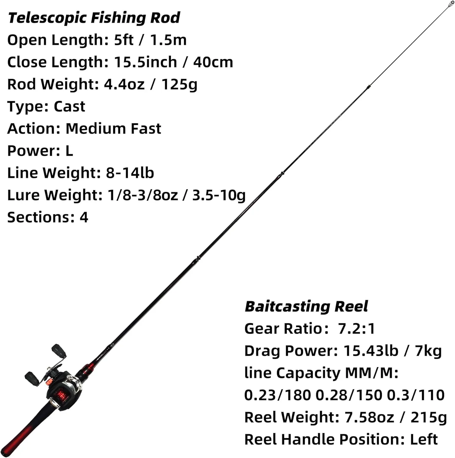 Kilitn Fishing Rod and Reel Combo, Baitcasting Combo Baitcast Reel 5 Foot Durable Fiberglass Telescopic Rod with Fishing Line Full Kits Comfortable Handle