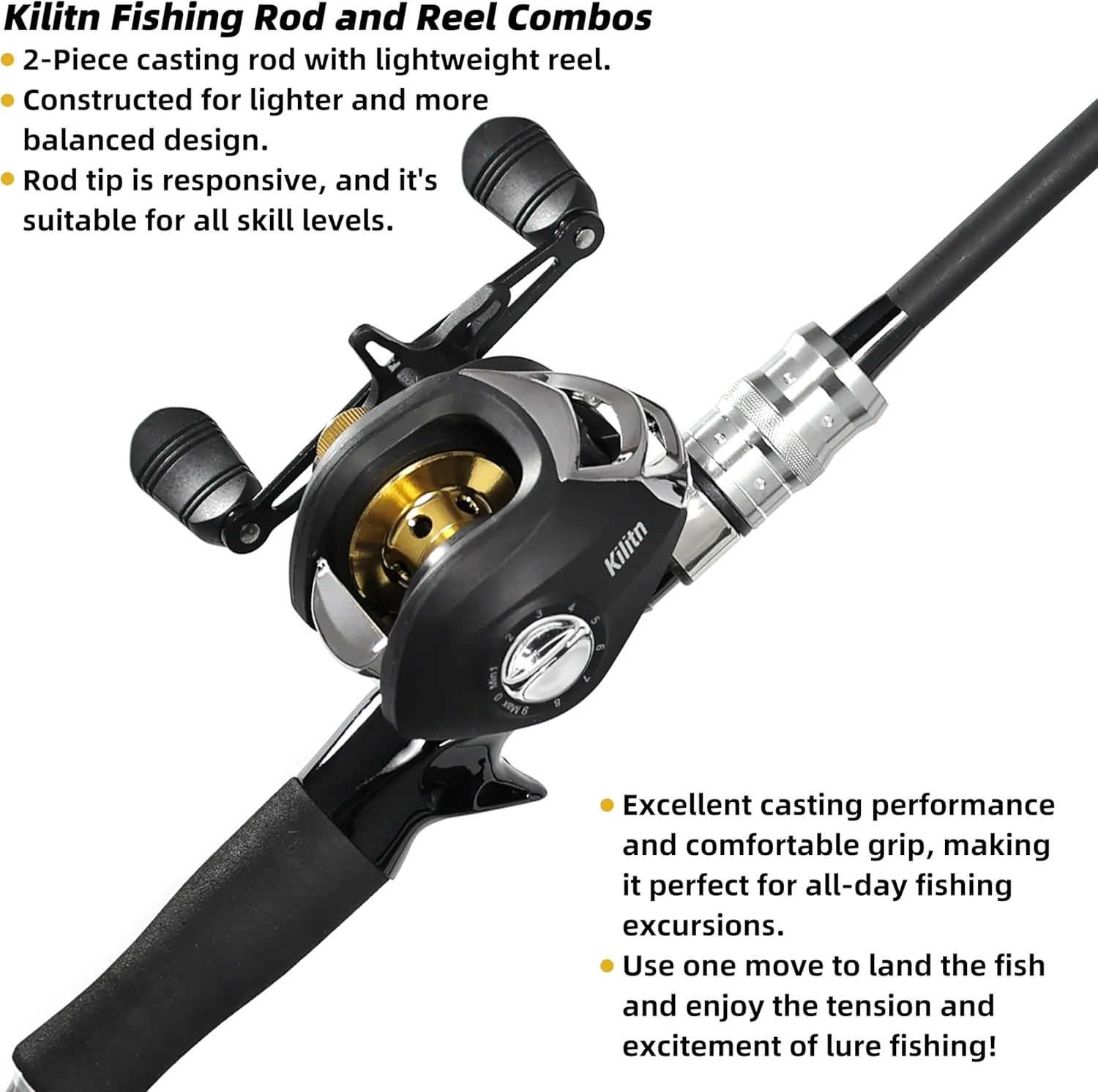 Kilitn Fishing Rod and Reel Combo, Black Color Baitcasting Combo Baitcast Reel, 2-Piece Baitcaster Rod, Durable Fiberglass with Comfortable EVA Handle