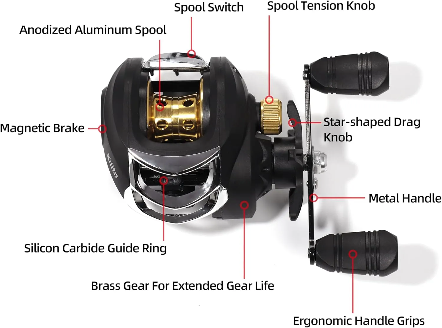 Kilitn Fishing Rod and Reel Combo, Black Color Baitcasting Combo Baitcast Reel, 2-Piece Baitcaster Rod, Durable Fiberglass with Comfortable EVA Handle