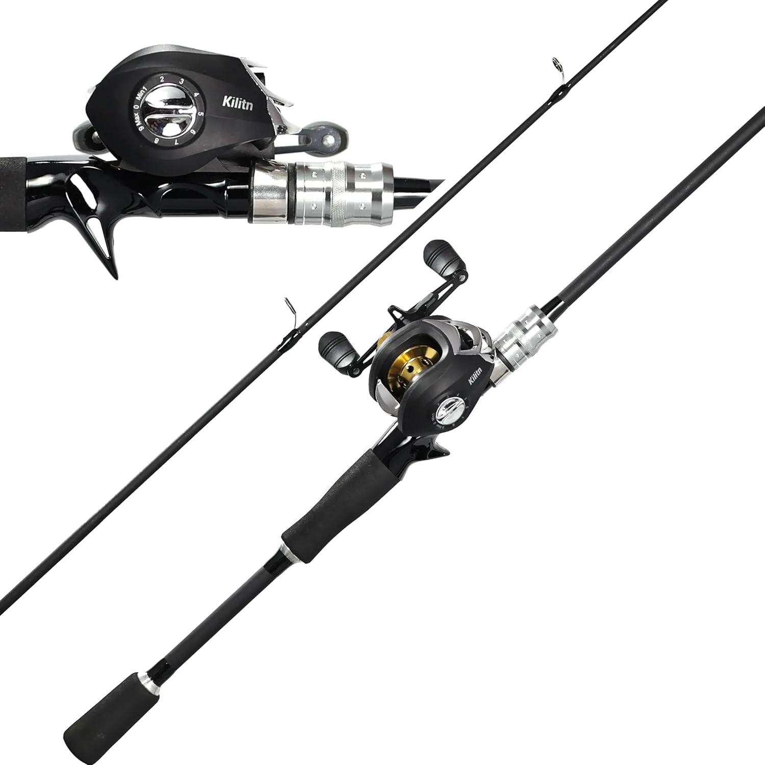 Kilitn Fishing Rod and Reel Combo, Black Color Baitcasting Combo Baitcast Reel, 2-Piece Baitcaster Rod, Durable Fiberglass with Comfortable EVA Handle
