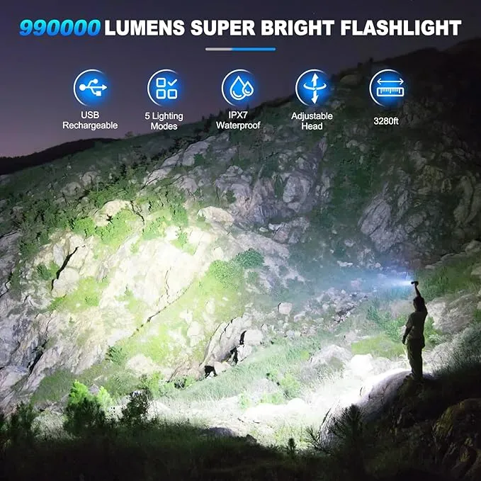 KINGCAESAR Flashlights High Lumens Rechargeable, 2 Pack 990000 Lumens Super Bright Flashlight, 5 Modes LED Flashlight, IPX7 Waterproof Powerful Flash Light for Home, Outdoor Activities
