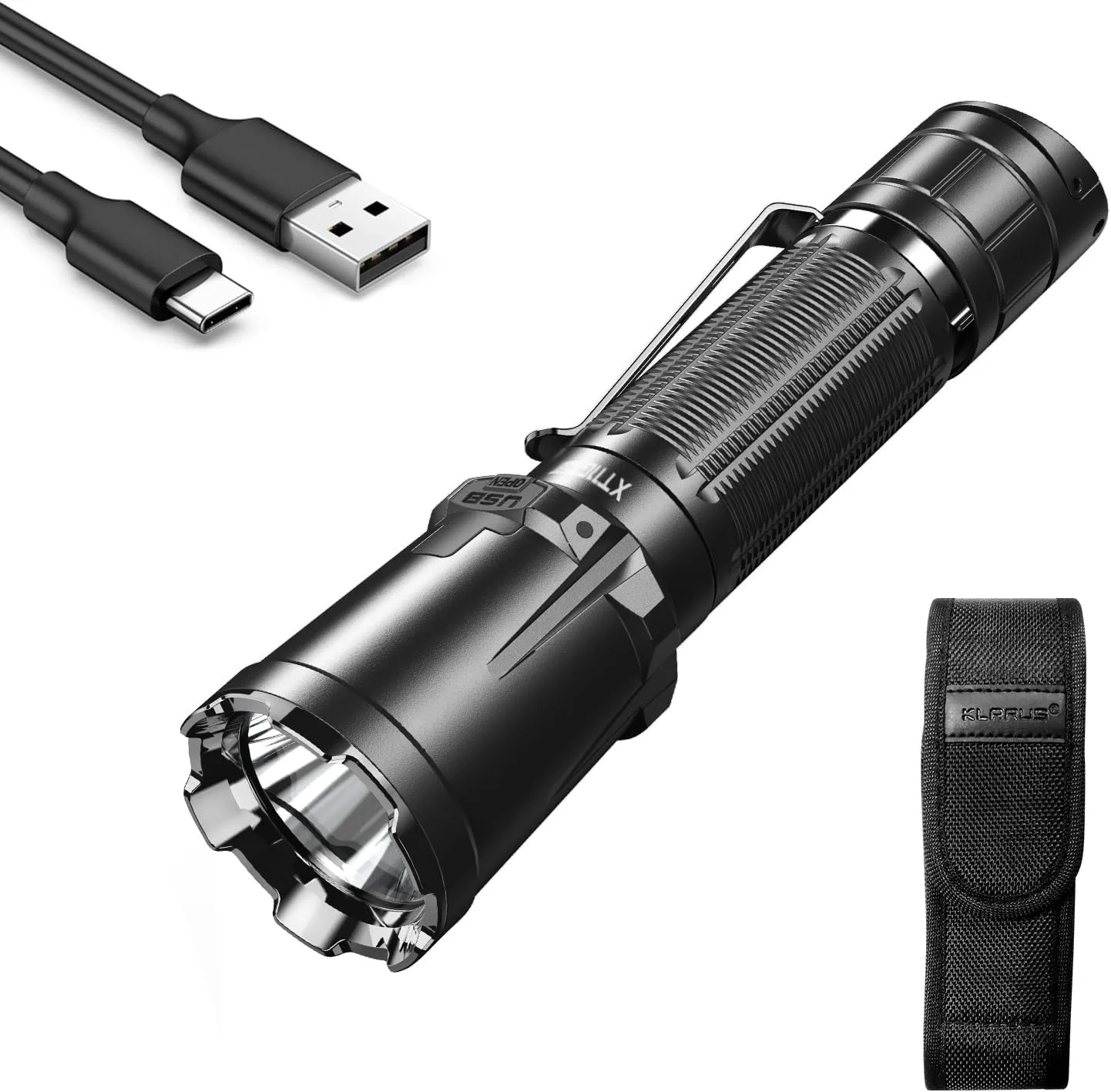 klarus XT11GT Pro 3300 Lumens USB C Rechargeable Tactical Flashlight, 1345 Feet Beam Distance, Instant Reaction Dual Tail Switches, Tactical   Outdoor Settings, with 4000mAh Battery, Holster
