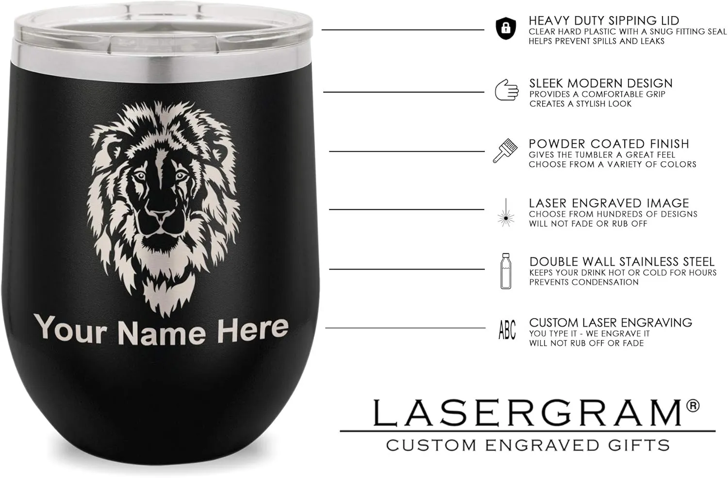 LaserGram Double Wall Stainless Steel Wine Glass Tumbler, Compass Rose, Personalized Engraving Included (Black)