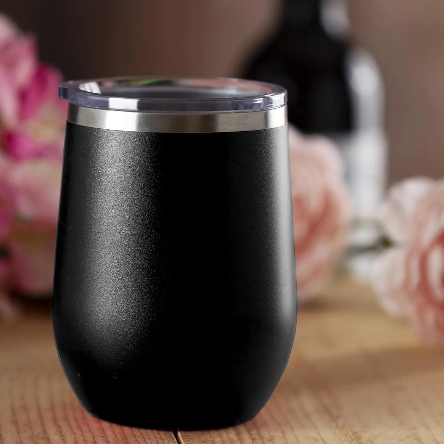 LaserGram Double Wall Stainless Steel Wine Glass Tumbler, Compass Rose, Personalized Engraving Included (Black)