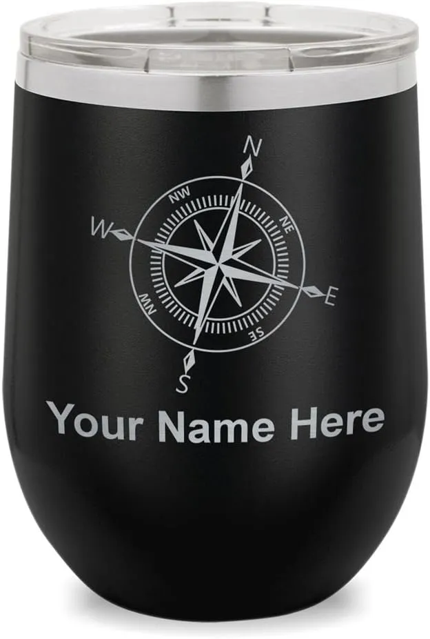 LaserGram Double Wall Stainless Steel Wine Glass Tumbler, Compass Rose, Personalized Engraving Included (Black)