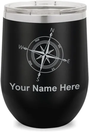 LaserGram Double Wall Stainless Steel Wine Glass Tumbler, Compass Rose, Personalized Engraving Included (Black)