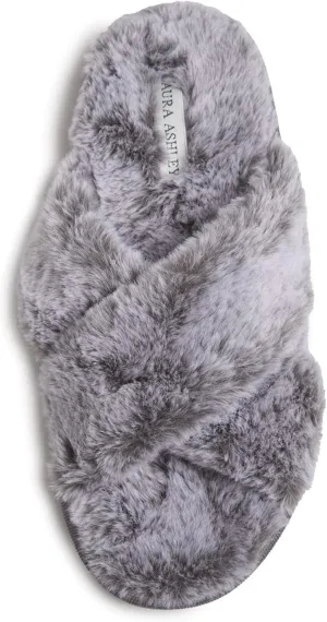 Laura Ashley Ladies Animal Leopard Plush Cross Band Slippers With Memory Foam Insole