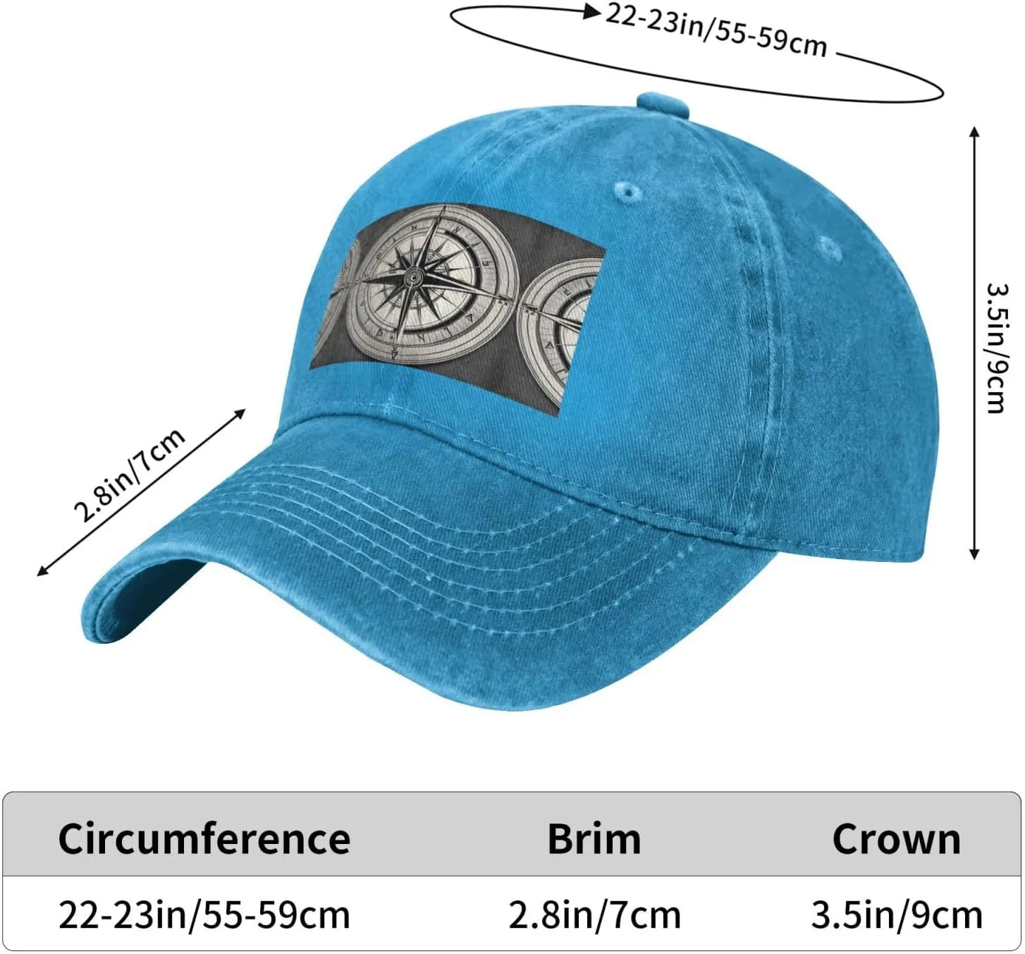 Law of The Compass Navigation 1 Print Denim Baseball Cap Unisex Sun Hat Outdoor Sports Cap fit for All Seasons Easy to Carry
