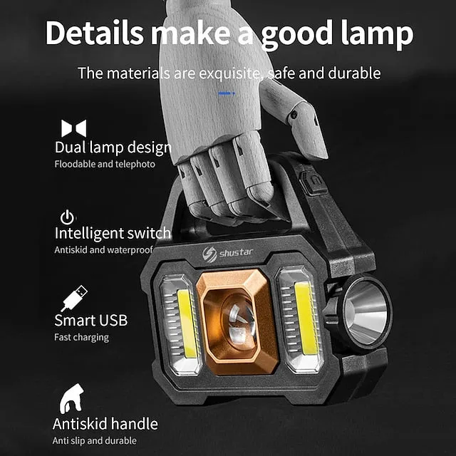 LED Flashlight Multi-functional Rechargeable Work light Portable Carry Light Solar Charging Support 6 Lighting Modes