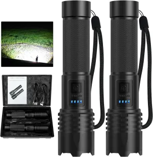 LED Flashlights High Lumens Rechargeable, 2000 Lumens Super Bright Flash Light Brightest Flashlight, 3 Modes IPX7 Waterproof, High Powered Tactical Flashlights for Camping Emergencies (2 Pack)