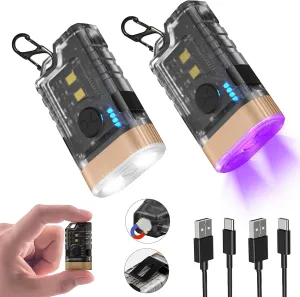 LED Small Powerful EDC Flashlight, 365nm UV Black Light, Mini Led Flashlight, USB C Rechargeable Mini Keychain Flash Light with Clip, Tail Magnet, 9 Modes, Waterproof Pocket Flashlights 2 PC