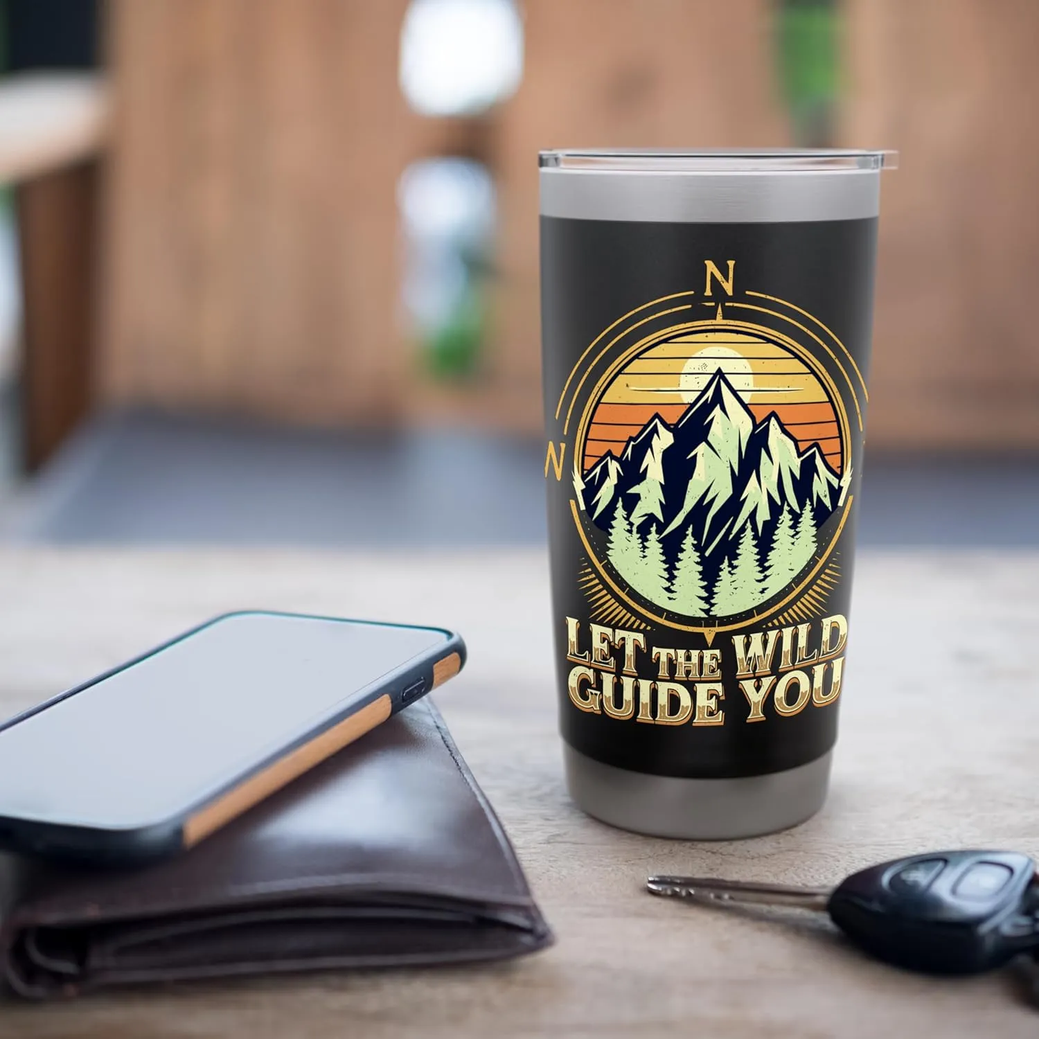 Let the Wild Guide You Compass Mountain Sunset Design Stainless Steel Insulated Tumbler