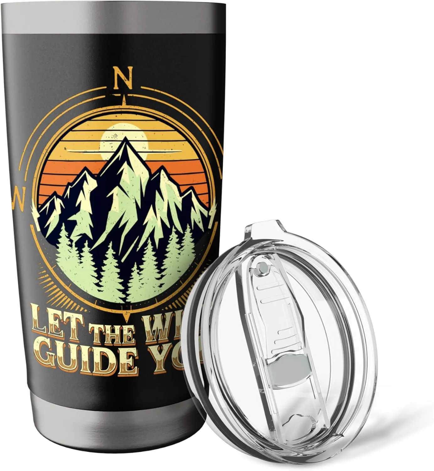 Let the Wild Guide You Compass Mountain Sunset Design Stainless Steel Insulated Tumbler