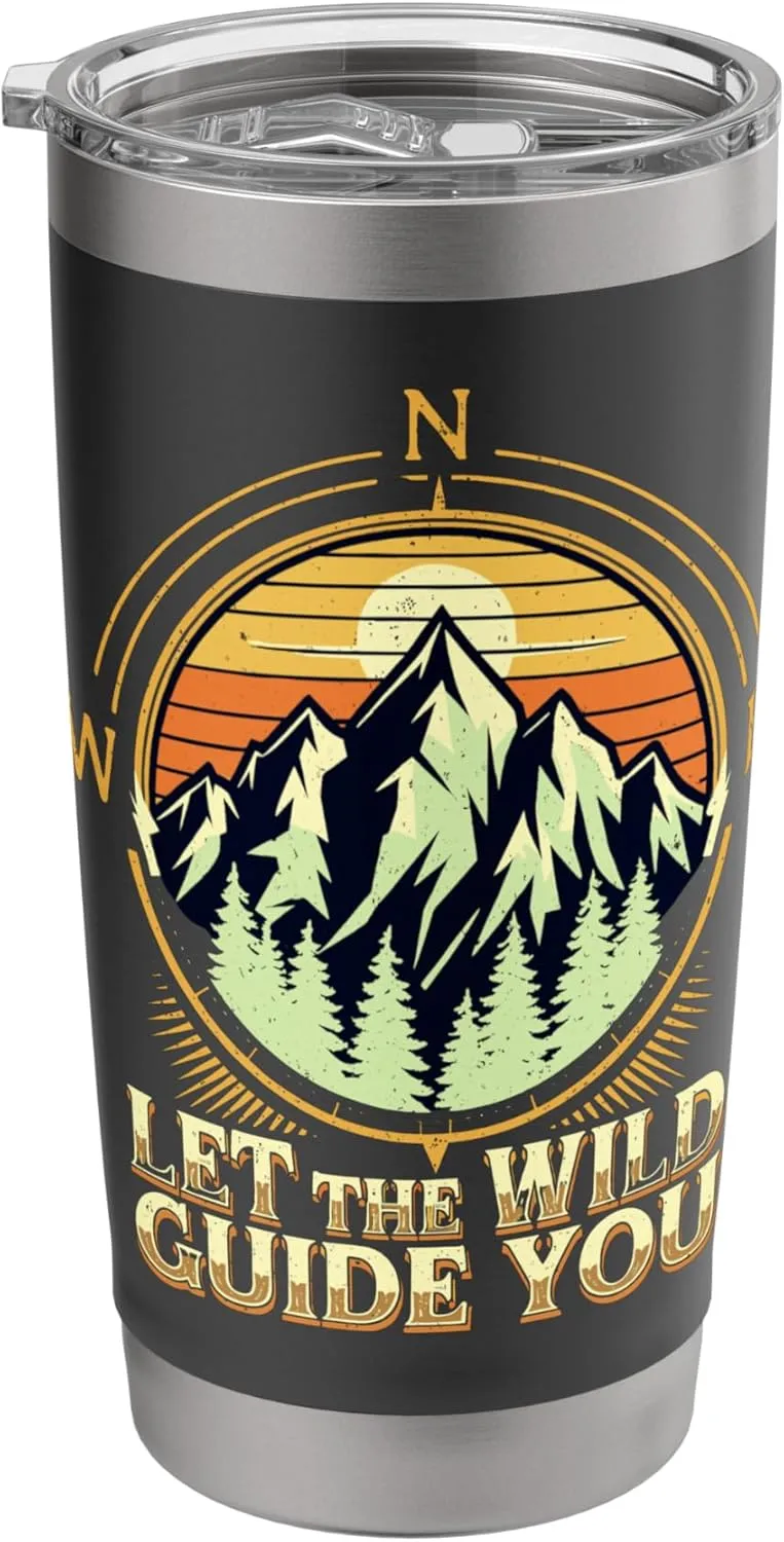 Let the Wild Guide You Compass Mountain Sunset Design Stainless Steel Insulated Tumbler