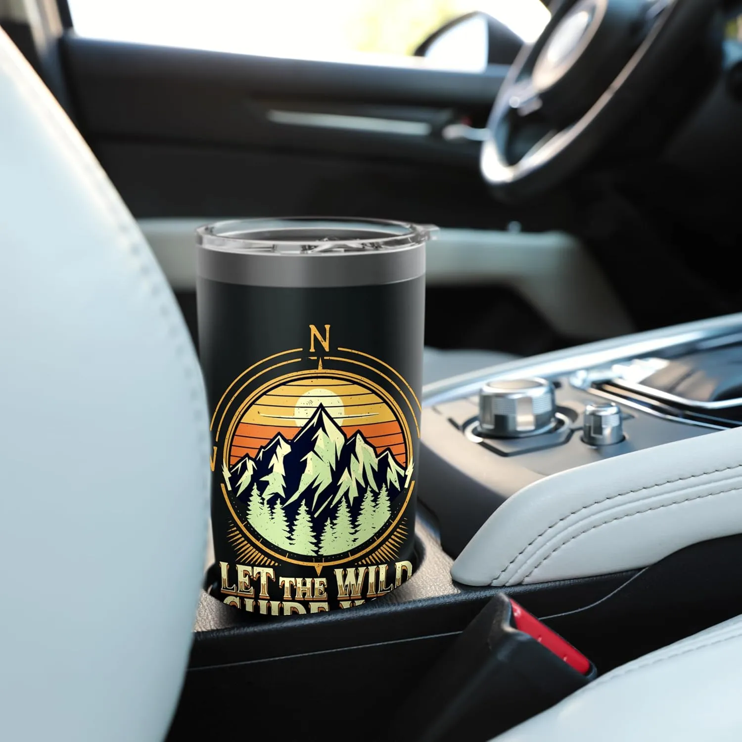 Let the Wild Guide You Compass Mountain Sunset Design Stainless Steel Insulated Tumbler