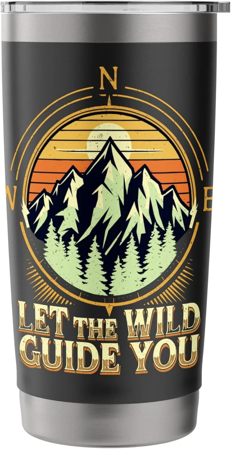 Let the Wild Guide You Compass Mountain Sunset Design Stainless Steel Insulated Tumbler