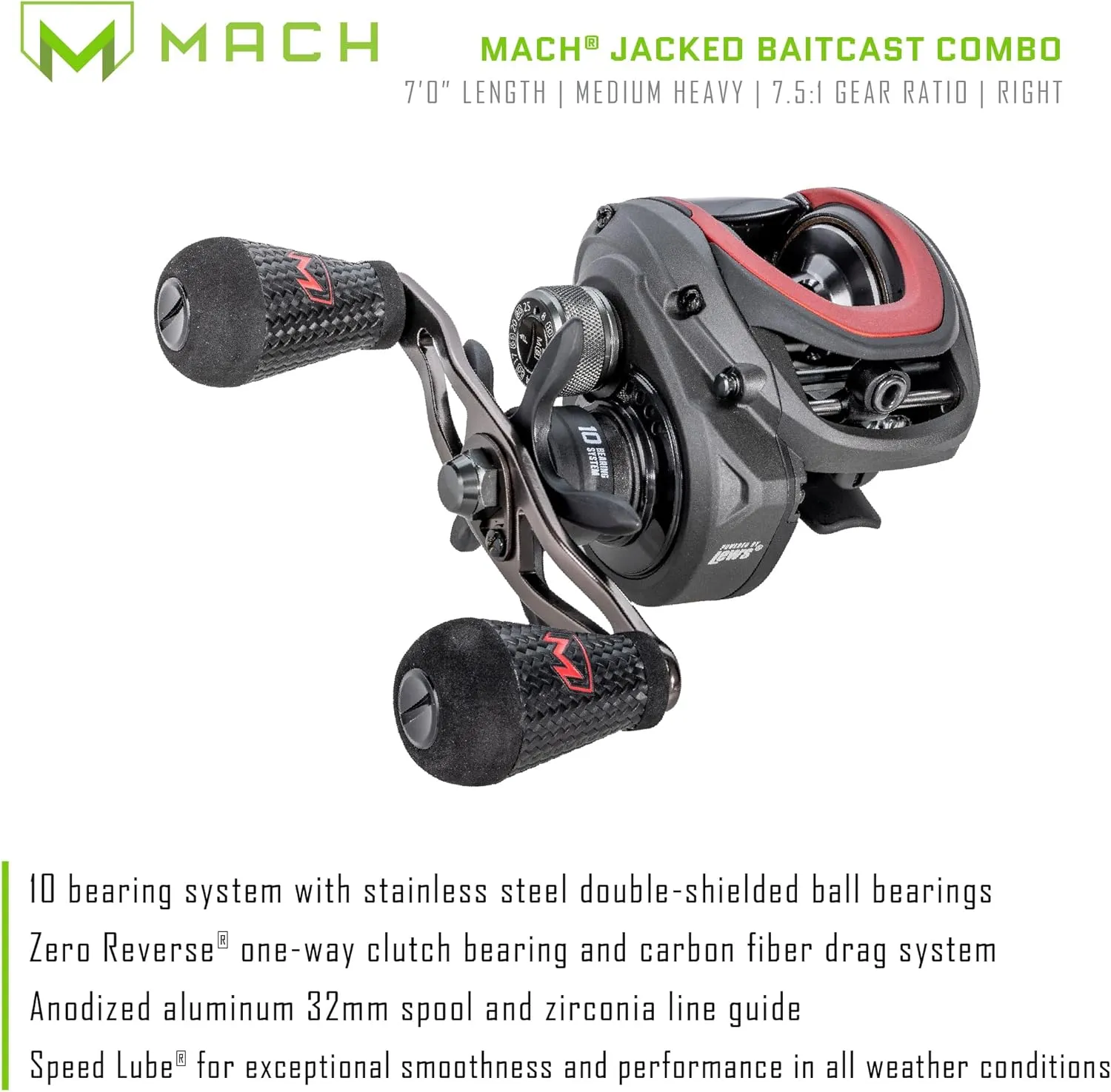 Lew’s MACH Jacked Baitcast Reel and Fishing Rod Combo, HM50 Graphite Rod, Tanso Tech Reel Frame and Sideplate, Carbon Fiber Drag System, 7.5:1 Gear Ratio